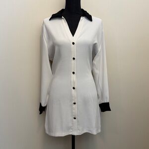 Zara Contrast Trim Mini Dress Womens XS Button Up Shirt Off White Gold Buttons
